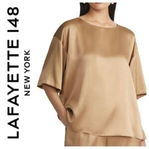 Lafayette 148 New York Gold Silk Charmeuse Short Sleeve Blouse Top Sz M